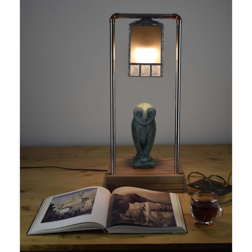 bronze owl lampshade with walnut wood